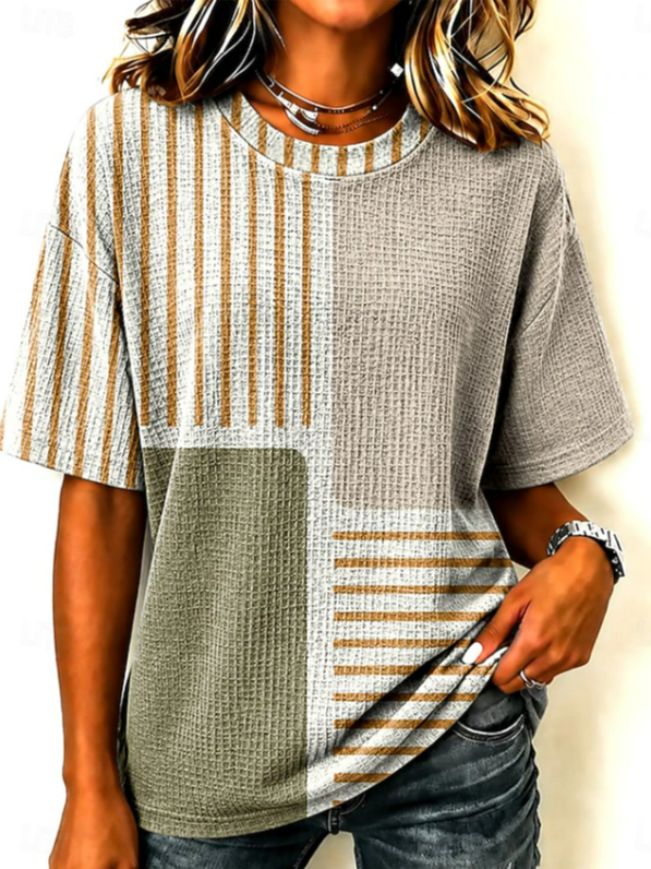 Khaki Patchwork Striped Crew Neck Tee