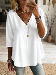 Plain White V-Neck Three-Quarter Sleeve Blouse