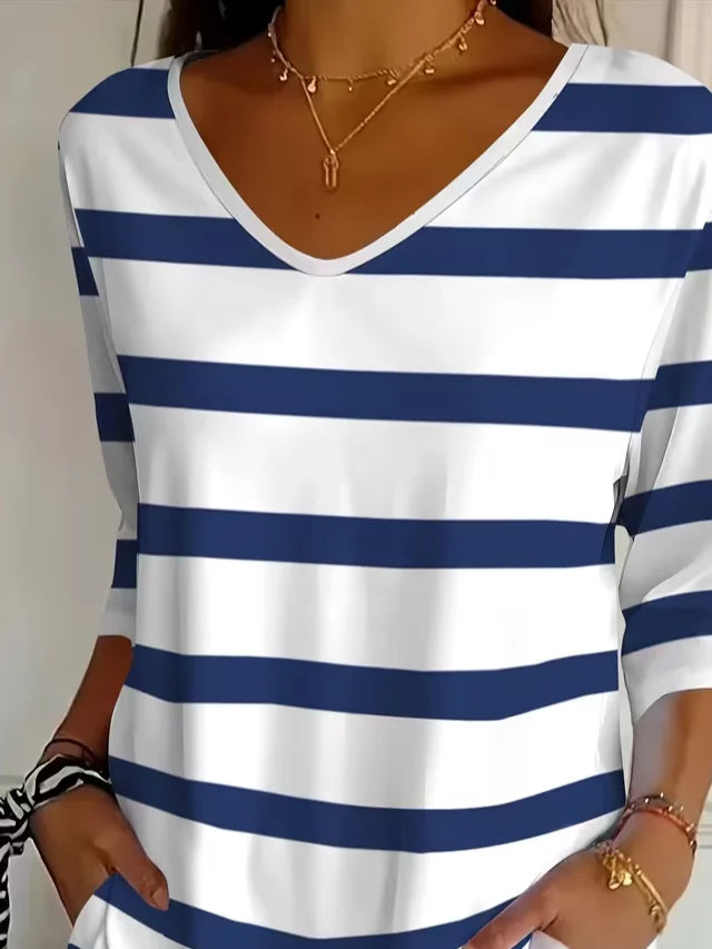 Blue White Striped V-Neck Three-Quarter Sleeve T-Shirt