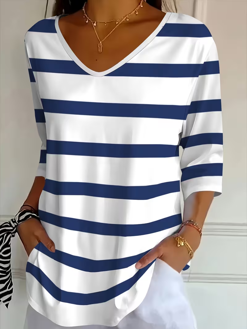 Blue White Striped V-Neck Three-Quarter Sleeve T-Shirt