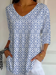 Blue Ikat Abstract V-Neck Three-Quarter Sleeve T-Shirt