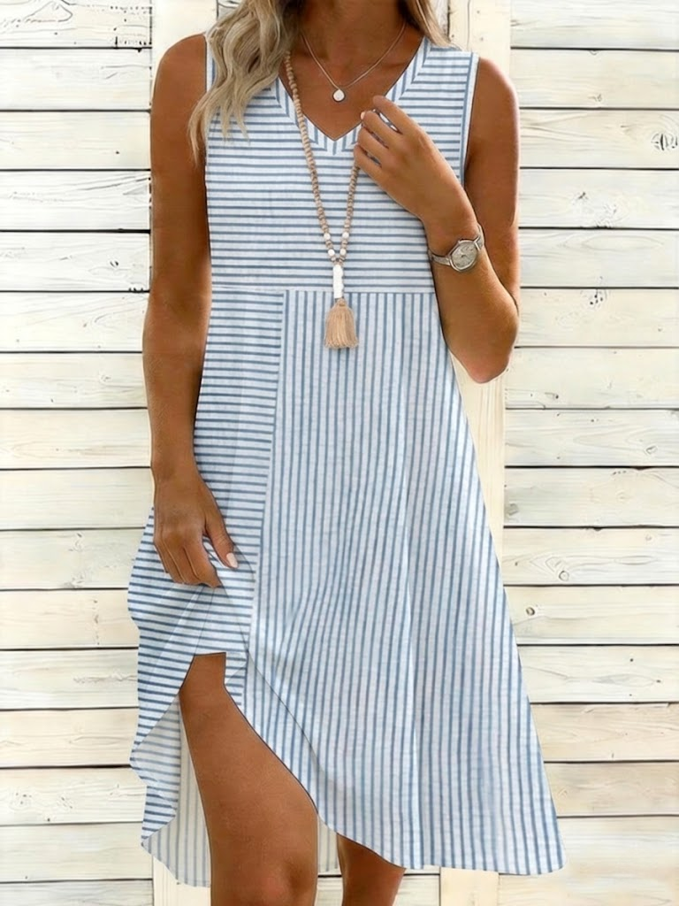 Blue Striped V-Neck Sleeveless A-Line Summer Dress