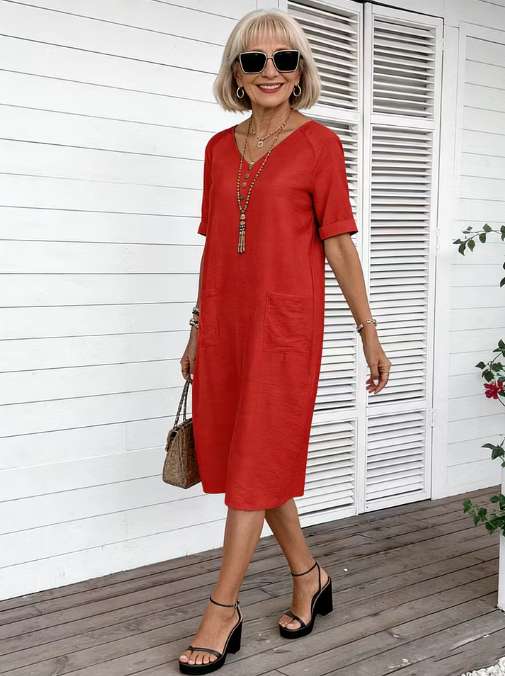 Cotton and Linen Summer V-neck Loose and Comfortable Holiday Dress