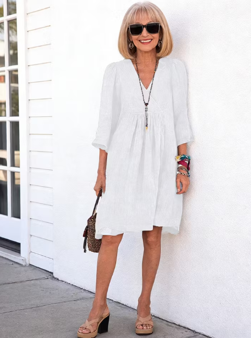 Women's Cotton and Linen 3/4 Sleeve V-neck Loose Casual Pocket Dress