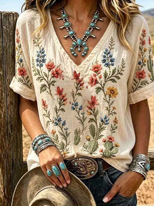Beige Western Cactus Floral Embroidery V-Neck Rolled Short Sleeve T-Shirt