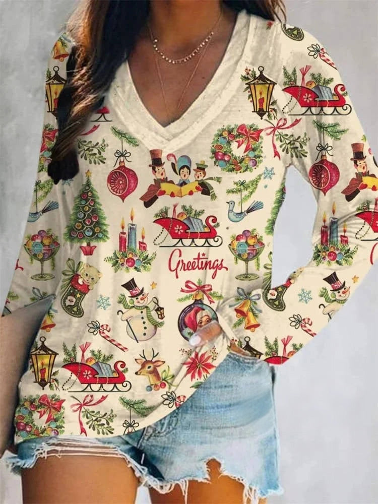 Women's Retro Christmas Print V Neck Long Sleeve Tops