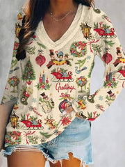 Women's Retro Christmas Print V Neck Long Sleeve Tops