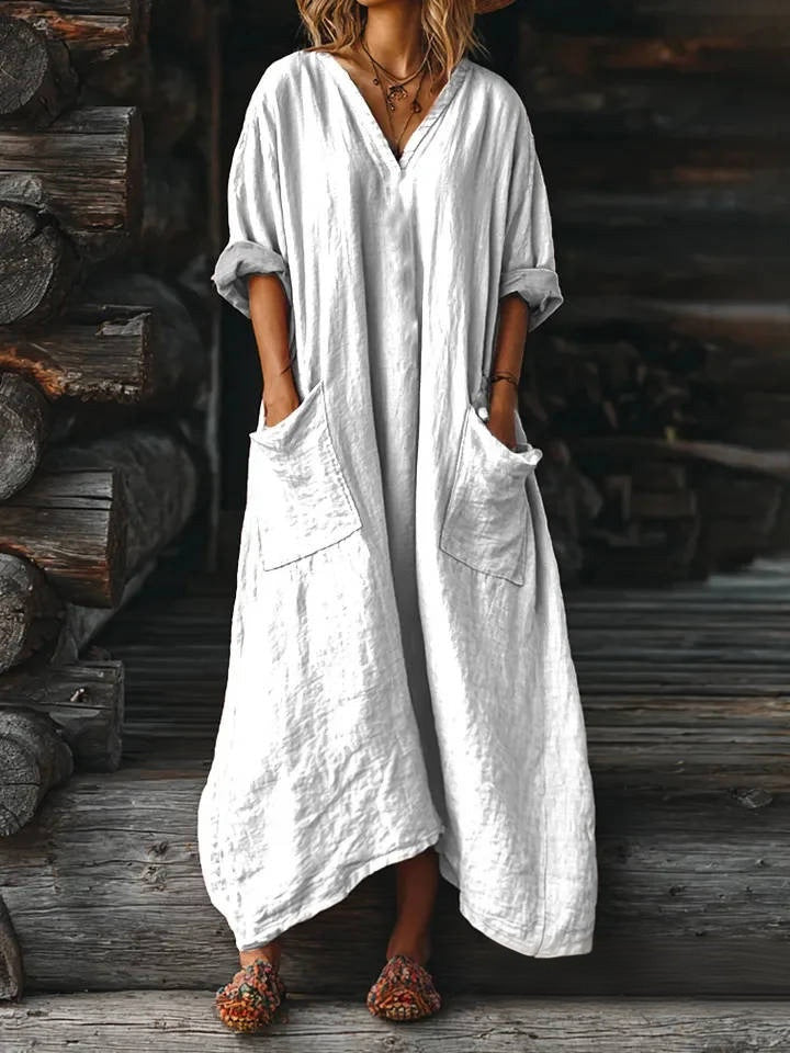 Women's Solid Color V-neck Long Sleeve Pocket Cotton Dress