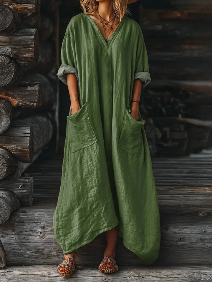 Women's Solid Color V-neck Long Sleeve Pocket Cotton Dress