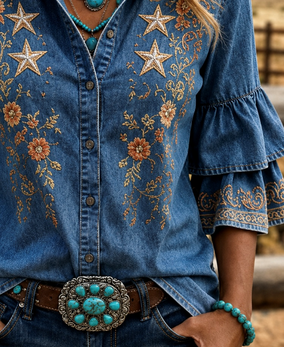 Denim Blue Western Star Floral Embroidery Lapel Double Layer Ruffle Half Sleeve Shirt