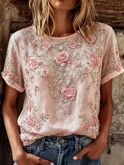 Pink 3D Rose Floral Rhinestone Embellished Crew Neck Short Sleeve Casual T-Shirt