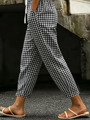 Black Gingham Plaid Elastic Drawstring Waist Casual Ankle Length Harem Pants