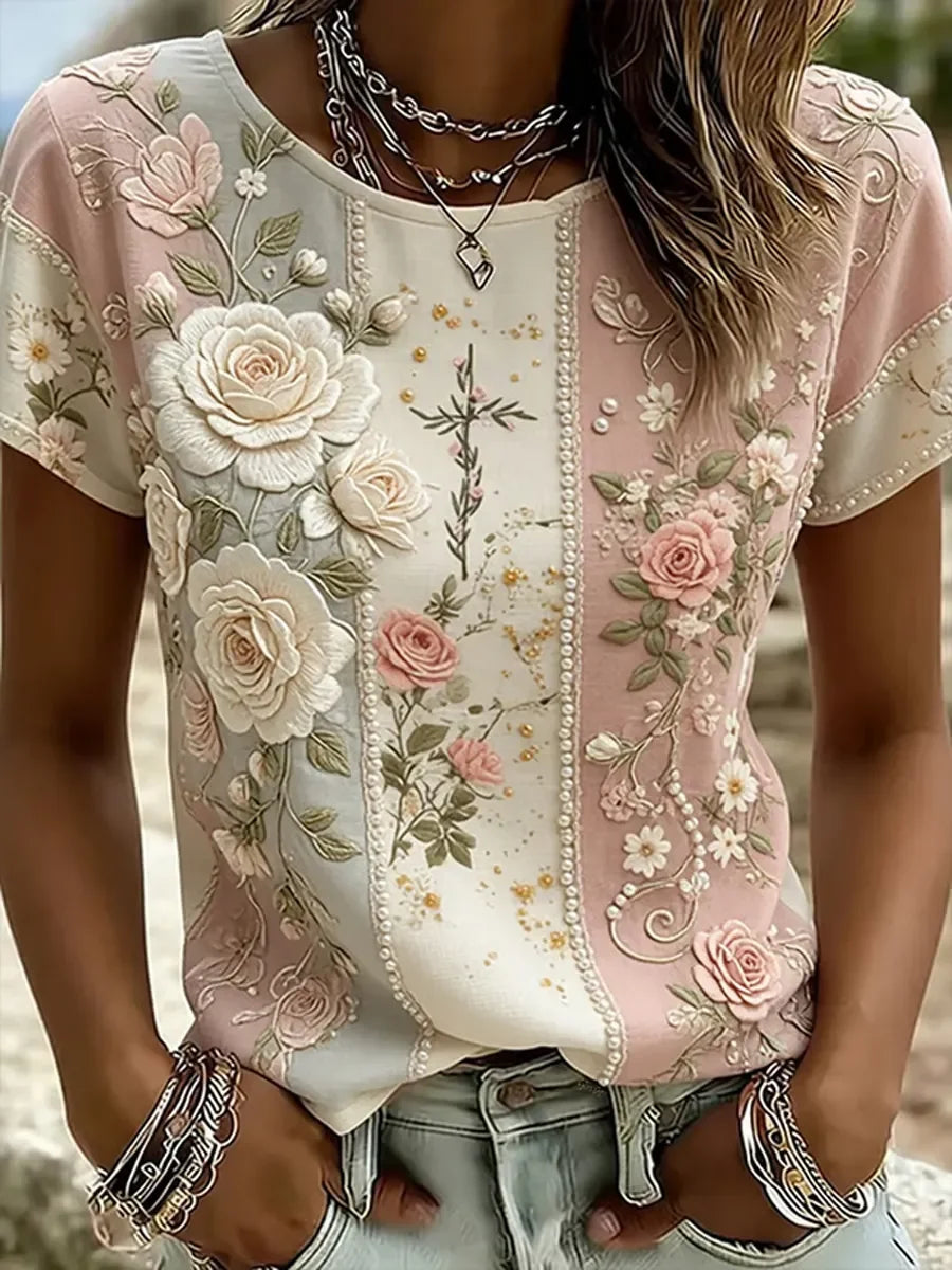 Pink Color Block 3D Rose Floral Pearl Trim Crew Neck Short Sleeve Casual T-Shirt