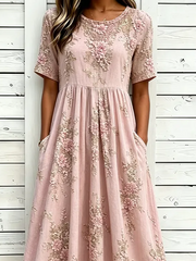 Pink 3D Floral Embroidery Crew Neck Short Sleeve Empire Waist H-Line Midi Dress