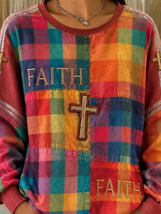 Multicolor Plaid Faith Cross Embroidery Crew Neck Long Sleeve Loose Sweatshirt