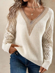 V Neck Plain Knitted Long Sleeves Sweater