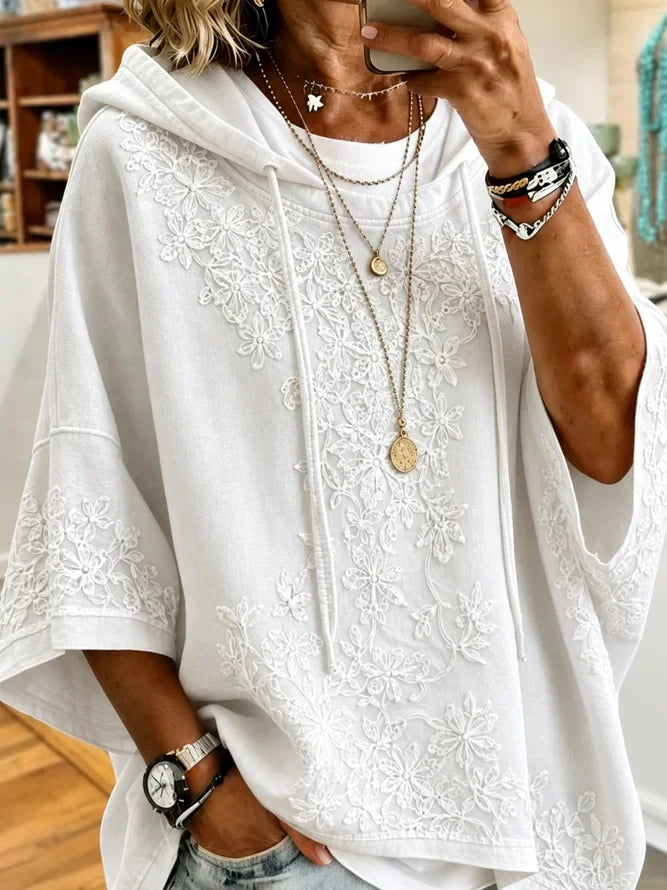Floral Lace Embroidery Drawstring  Hoodie