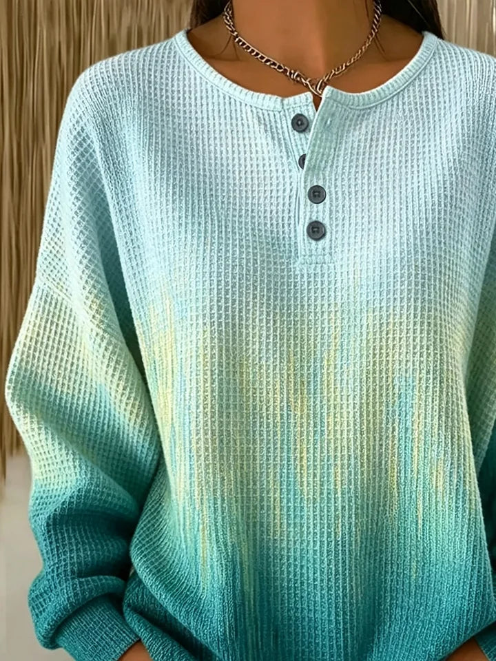 Gradient Dip Dye Waffle Knit Henley Crew Neck Long Sleeve Sweatshirt