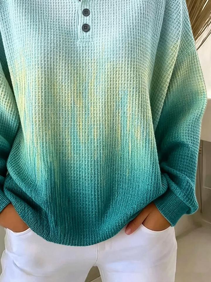 Gradient Dip Dye Waffle Knit Henley Crew Neck Long Sleeve Sweatshirt