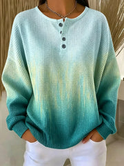 Gradient Dip Dye Waffle Knit Henley Crew Neck Long Sleeve Sweatshirt