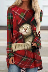 Graphic Long Sleeve Tops Round Neck Plaid Cat Printed Sweatshirts