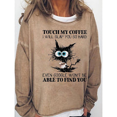 Vintage Casual Khaki Funny Cat Printed Loose Sweatshirt