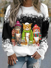 Christmas Cats Print Pullover Sweatshirt