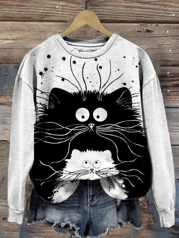 White Stylish Art Cat Print  Round Neck Sweatshirt