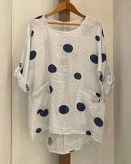 Plus Size Polka Dot Print White Crew Neck Blouse
