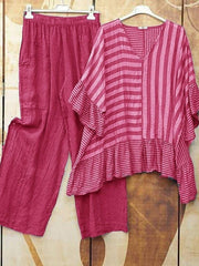 Stripe Printed Casual V Neck Half Sleeve Two Piece Sets