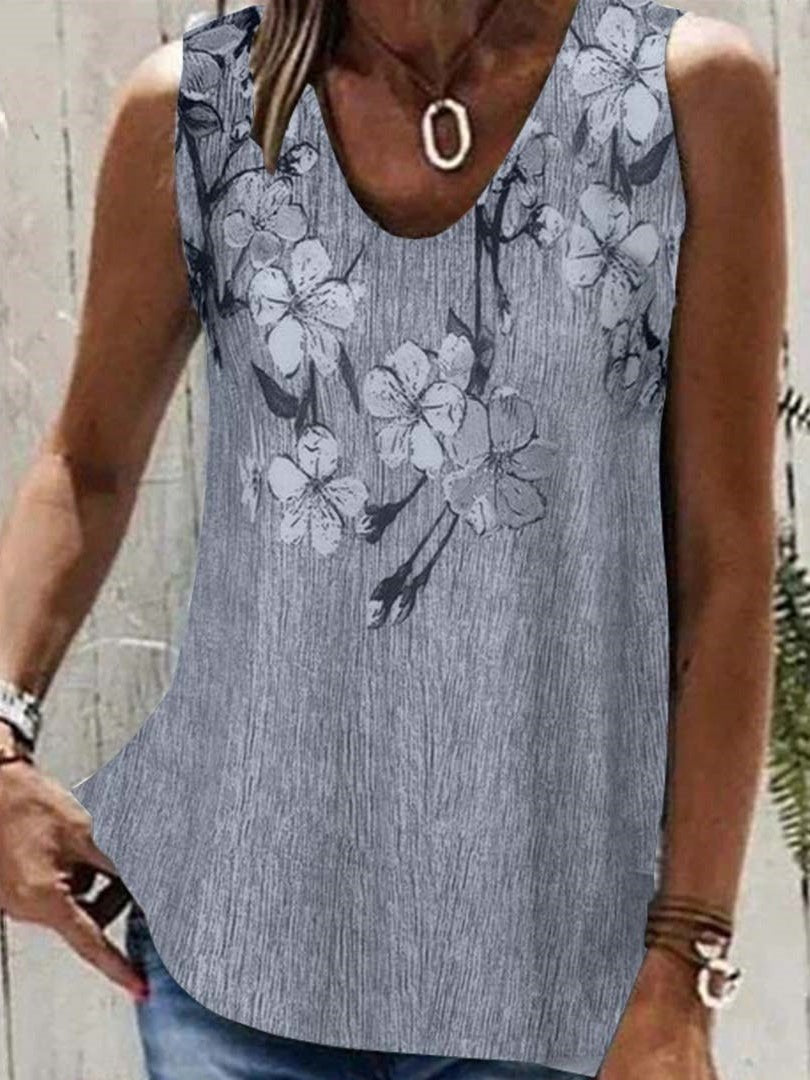 Floral Printed Casual V Neck Sleeveless Tank Top