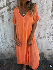 Women's Casual Cotton Linen wi Button Down 1/2 Long Sleeve Lapel V Neck Summer Midi Dresses