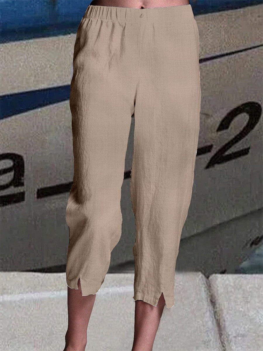 Women's Linen High Waist Pure White Casual Loose Pants with Pockets