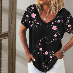Summer Solid Color Top V Neck Floral Print Casual Loose T-Shirt