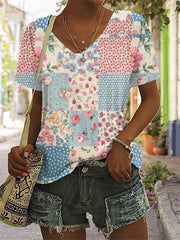 Vintage V-neck Floral Print Short-Sleeved T-Shirt