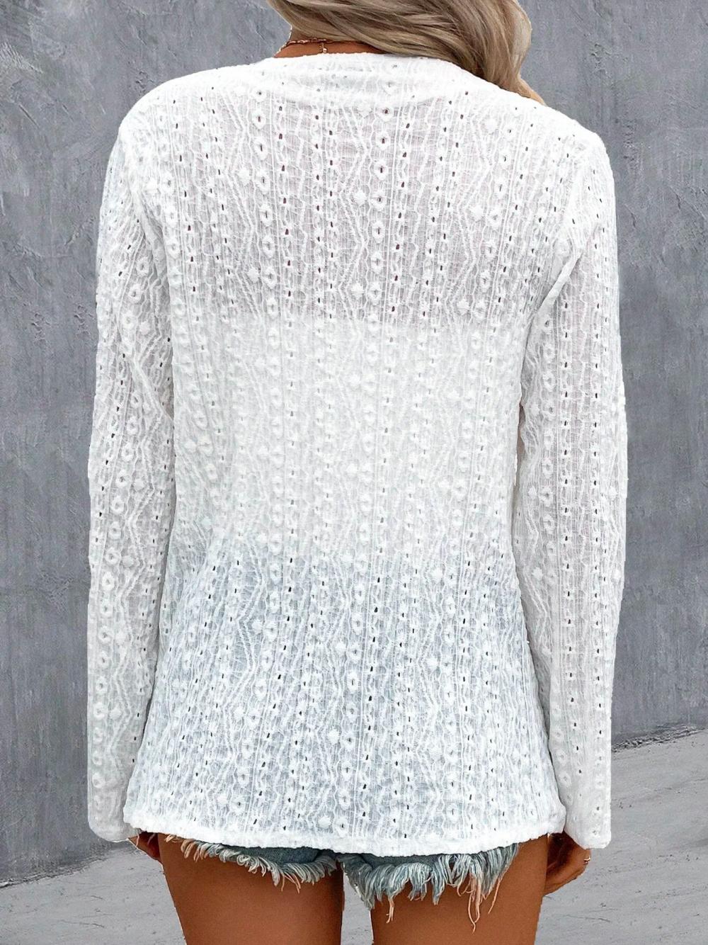 3/4 Sleeves Solid Embroidered Hollow Casual Loose Top Secondary image