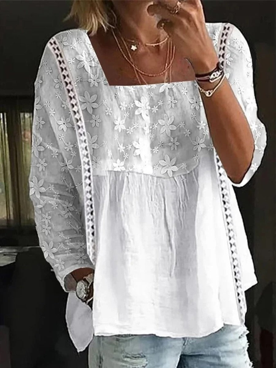 Elegant Floral Embroidered Mesh Patchwork Blouses
