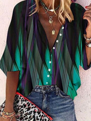 Vintage Gradient Buttoned V-neck Blouse