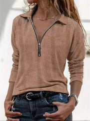Shawl Collar Long Sleeve Zipper Blouse