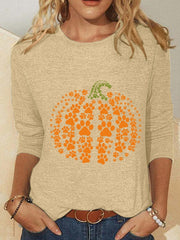 Halloween Pumpkin Print Crew Neck Long Sleeve Blouse