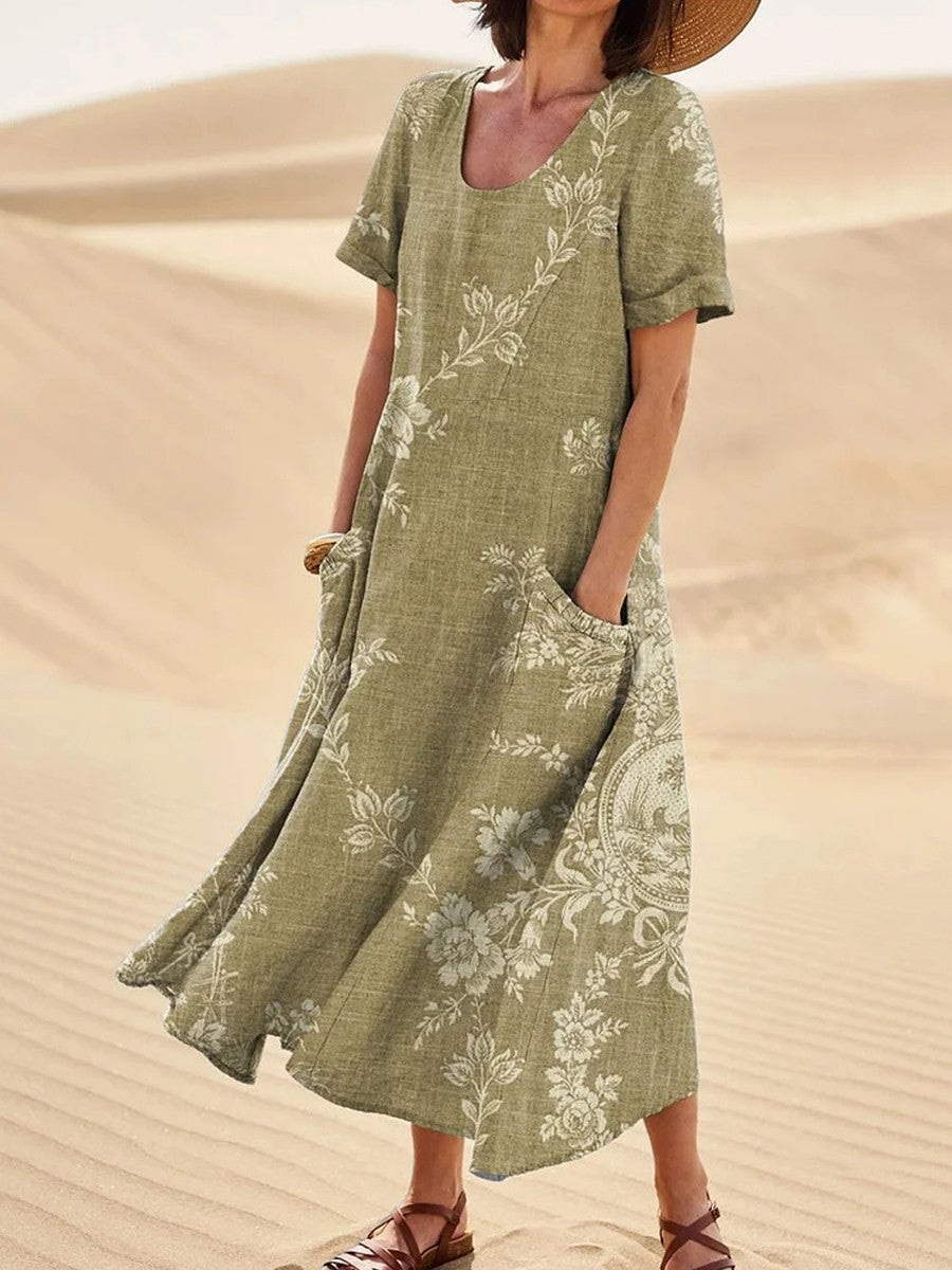 Retro Floral Print Casual Linen Pocket Dress