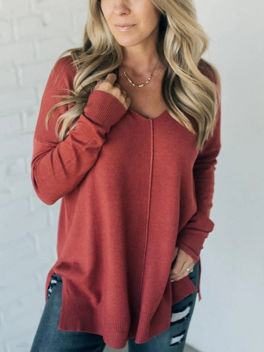 Plain V-neck Long Sleeve Casual Sweater
