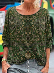 Ethnic Round Neck Long Sleeve Loose T-shirt