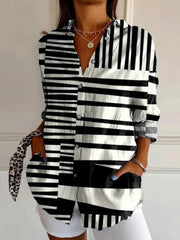 Casual Striped Lapel Long Sleeve Blouse