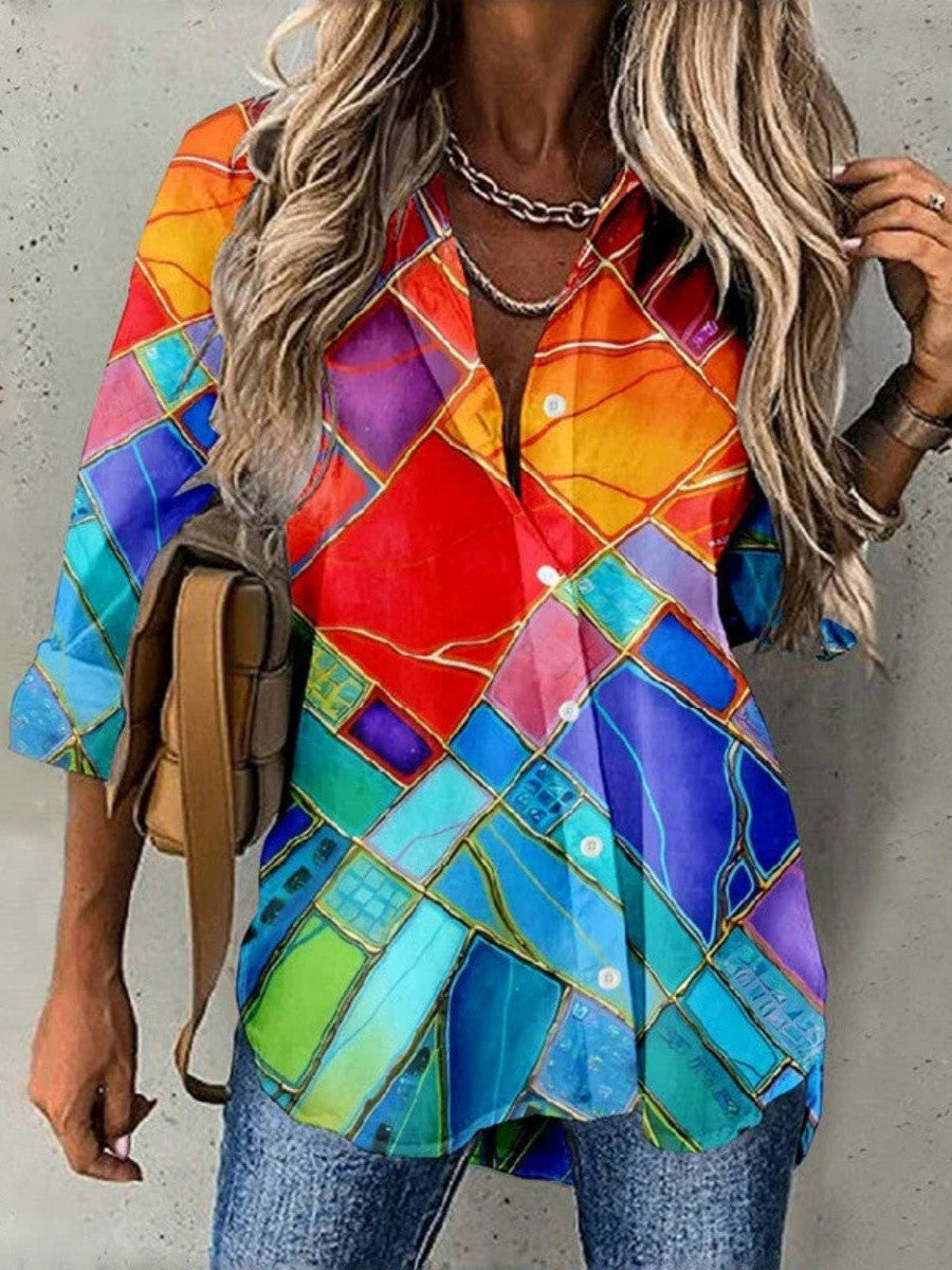 Abstract Geometric Lapel Long Sleeve Blouse Main image