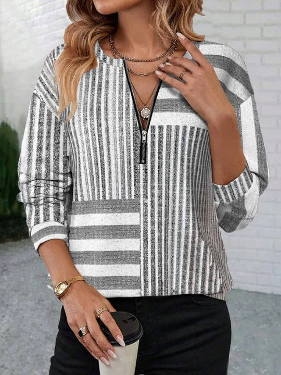 Striped V-neck Long Sleeve Zipper Casual Sweatshirt