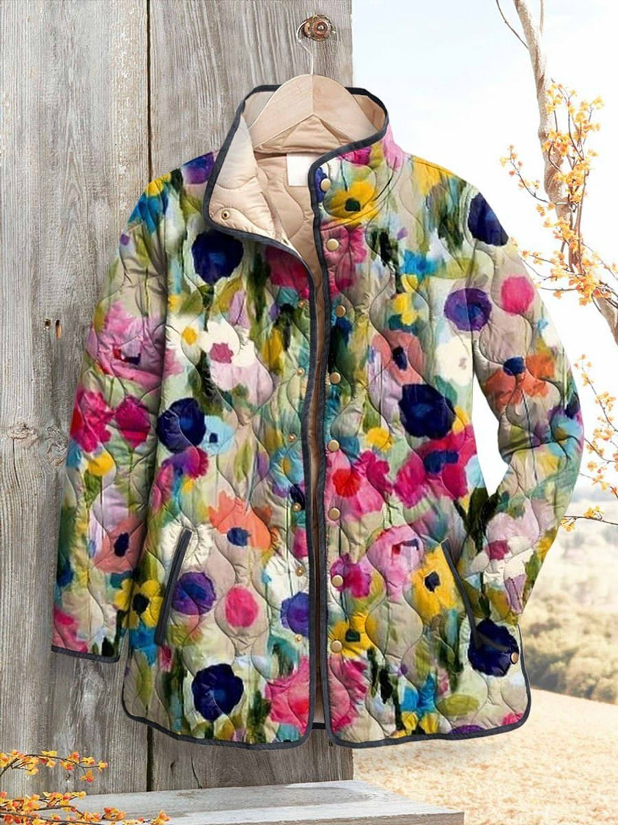 Floral Art Print Quilted Vintage Casual Cardigan for Women