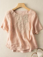 Art Retro Embroidery Short Sleeve Patchwork Shirt