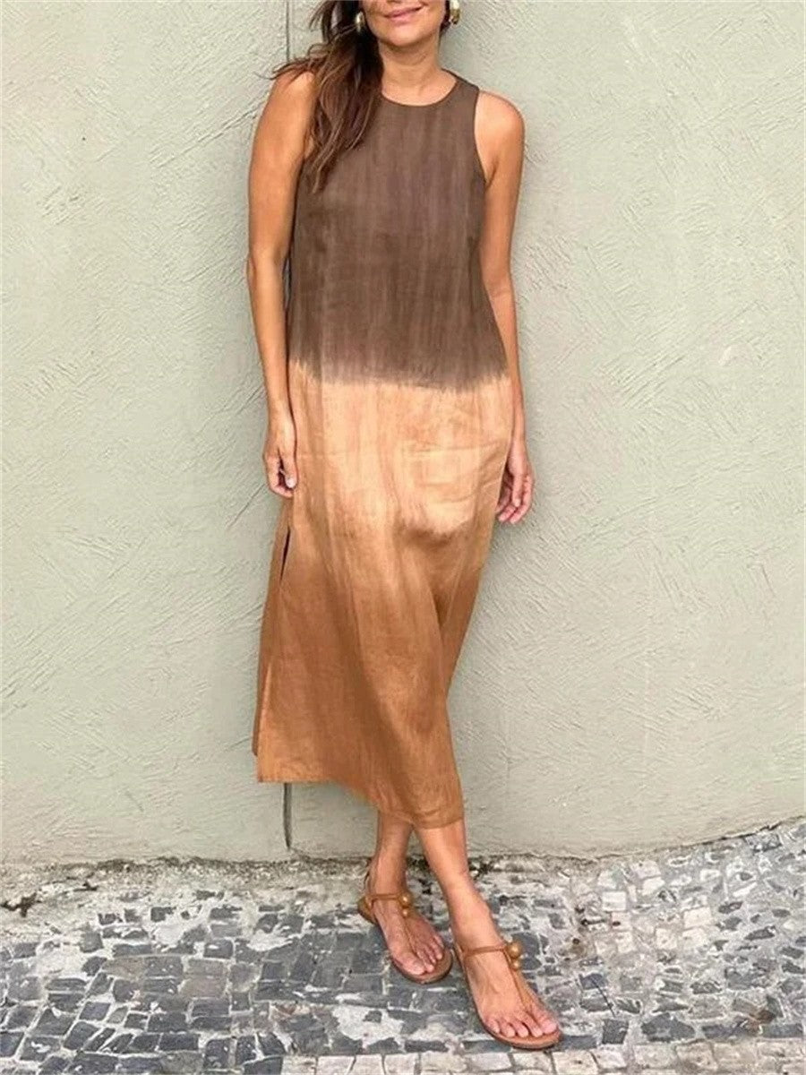Gradient Color Lace Sleeveless Cotton Long Dress