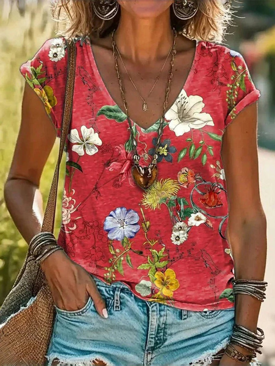Flower Print V-neck Short Sleeve T-shirt
